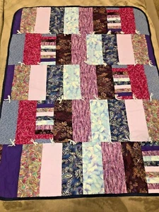 Vtg Handmade Patchwork Lap Quilt Rail Fence Blues Purples  37"x49" Sofa Throw US - Picture 1 of 12