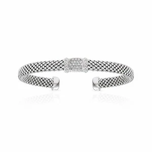 "Brazalete sin cordones de plata esterlina sólida 925 con barra de circonio circular italiano de 6""-7" - Imagen 1 de 7