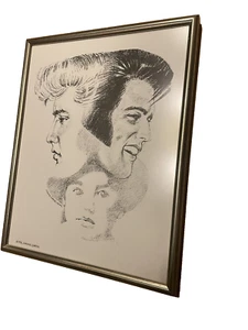 Vintage Elvis Presley Litho Skizze 3 Gesichter signiert Joanne Corter 1976 Druc - Bild 1 von 6