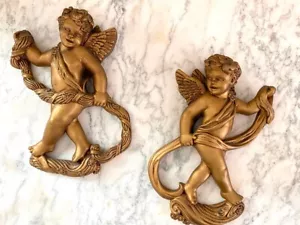 2 Vtg 60’s MCM Gold Cherub Angels Cherubs Putti’s Universal Statuary Hanging Set - Picture 1 of 9