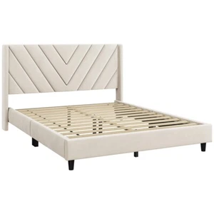 Full/Queen Upholstered Bed Frame with Wing Side Headboard, No Box Spring Needed - Picture 1 of 20