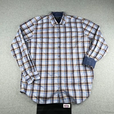 Bugatchi Shirt XL Blue Brown Plaid Flip Cuff Casual Button Up Long Sleeve Mens - Image 1 of 4