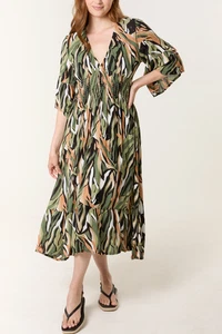NEW WOMENS LADIES ABSTRACT V-NECK SHIRRED BUST DRESS MAXI DRESS SUMMER DRESS'S - Picture 1 of 3