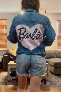 BARBIE Pink Heart Rhinestone Reworked Denim Jacket Upcycled Retro Size Large - Picture 1 of 9