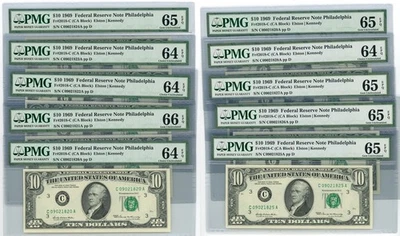 Fr. 2018-C $10 1969 Federal Reserve Note 10 Consecutive 64-66EPQ PMG DC-2668 - Image 1 of 3