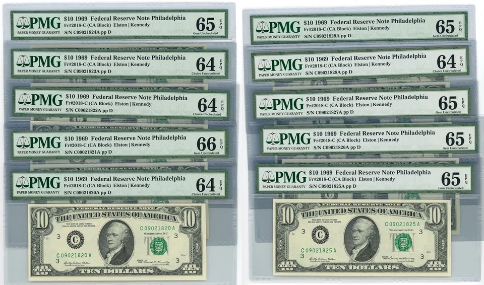 Fr. 2018-C $10 1969 Federal Reserve Note 10 Consecutive 64-66EPQ PMG DC-2668 - Image 1 of 3