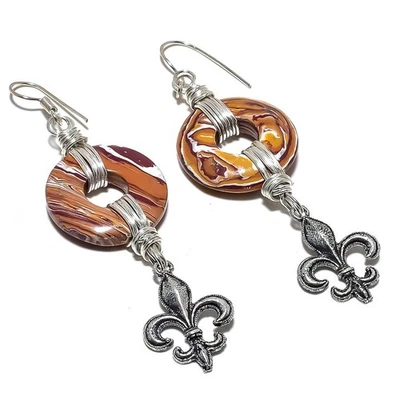 Brinco de prata esterlina 925 com pedra preciosa de jaspe de madeira de amendoim 3,0" Y433 - Imagem 1 de 4