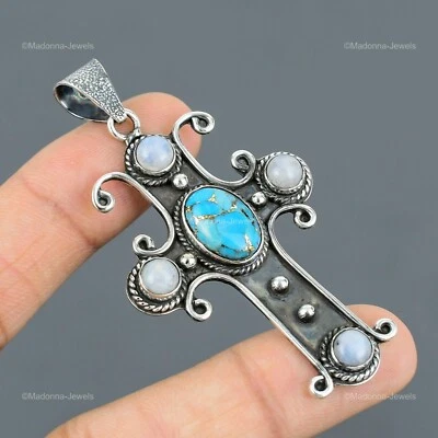 925 Silver Oval Copper Blue Turquoise Stone Rainbow Moonstone Pendant Jewelry - Image 1 of 4