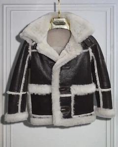 Kids Boys Girls Unisex Genuine Shearling Fur Coat Removable Hood Jacket 2-16 YO - Picture 1 of 3