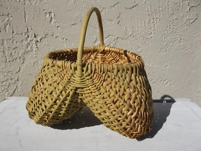 Antique Splint Woven Buttocks Egg /Berry Gathering Basket Primitive 9"X 9" Paint - Image 1 of 4