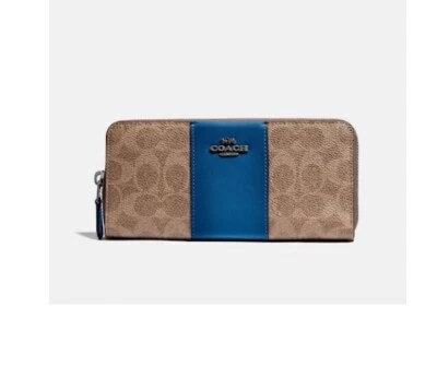 NUEVO CON ETIQUETAS COACH Cartera Ajustada Acordeón Cremallera Bloques de Color Firma Lona Tostado Denim Oscuro Foto 1 de 3