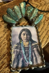 Turquoise & Sterling Necklace Of Framed Photo Of Indian Girl, Free Shipping - Picture 1 of 6