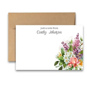 12 PERSONALIZED Flat Notecards Floral Stationery with Envelopes -Floral Bouquet - Picture 1 of 3
