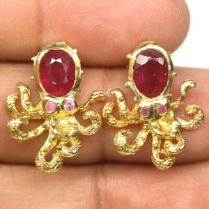 Gemstone 6 x 8 mm. Red Ruby & Pink Sapphire Earrings 925 Silver 18k Gold - Picture 1 of 4