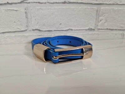 Retro Belt Electric Blue Faux Leather Size XL Skinny Thin Vintage Gold Buckle - Image 1 of 4