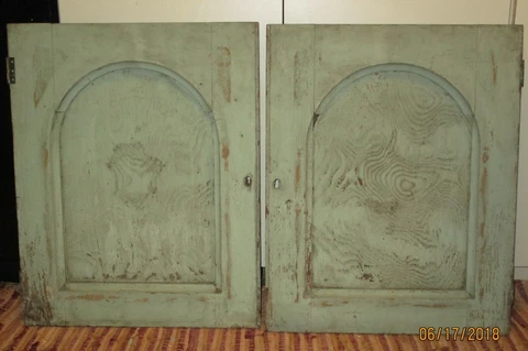 2 Antique 1800s GOTHIC ARCH CUPBOARD DOORS original Old GREEN PAINT 24x19 Cover