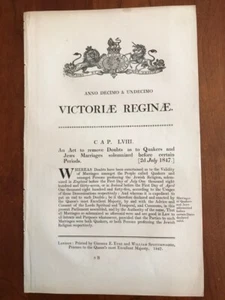 1847 Original Act of Parliament relating to Jewish & Quaker Marriages, LONDON - Picture 1 of 1