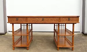 Vintage TOMMY BAHAMA Coastal BAMBOO & RATTAN BRITISH COLONIAL DESK Leather Top - Picture 1 of 16