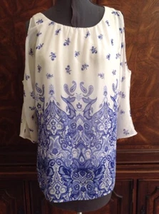 Women's PECK & PECK Cold Shoulder Chiffon Top - Size Ladies S - Blue and White - Picture 1 of 9