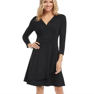 Karen Kane Little Black Faux Wrap Drape Front Fit & Flare Dress Women's Small - Picture 1 of 9