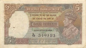 India  5  Rupees  ND. 1943  P 18b  Series  L/19   Kg. G. VI  Circulated Banknote - Picture 1 of 2