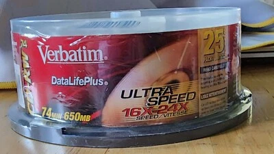 Verbatim CD-RW Data Life Plus Ultra Speed 16X-24X 74Min 650MB New Sealed 25 pack - Image 1 of 4