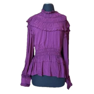 Farm Rio Chiffon Ruffle Smocked Blouse Purple Burgundy Size M Cottagecore Boho - Picture 1 of 16