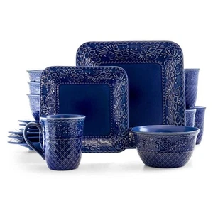 Indigo Lotus 16-Piece Traditional Blue Stoneware Dinnerware Set (Service for 4) - Picture 1 of 8