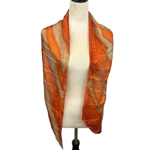 Orange Sheer Silk Scarf Abstract Lightweight Fall Autumn Boho Chic Soft Wrap - Picture 1 of 4