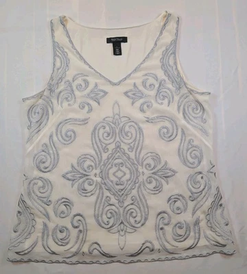 White House Black Market Sleeveless Top Lace Overlay White Silver Women's Large - Image 1 of 4