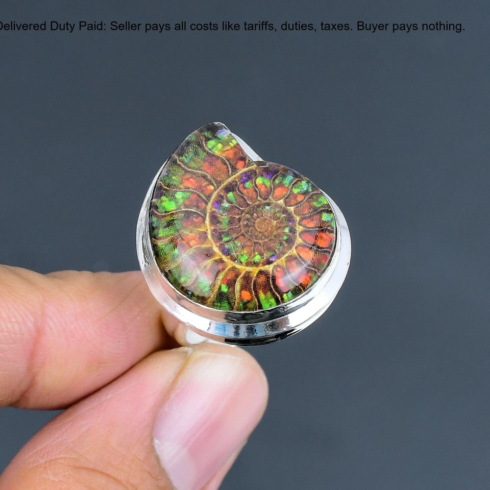 Кольцо с ободком из стерлингового серебра 925 пробы с грушевидным аммолитом и ископаемым драгоценным камнем аммонитом - Изображение 1 из 4