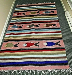 VTG MEXICO HAND WOVEN FALSA MULTICOLORS RUG - FISH MOTIVE ( 80" x 42" ) - Picture 1 of 12