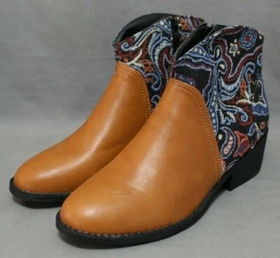 ROSY brand womens ankle boots size 7 M brown leather & paisley fabric zipper NEW - Image 1 of 4