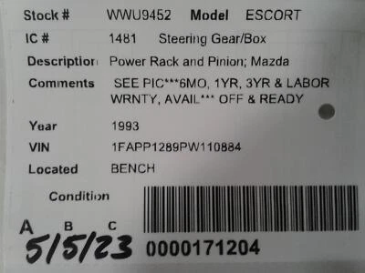 Used Rack and Pinion Assembly fits: 1993 Ford Escort Power Rack and Pinion Mazda Foto 1 de 4