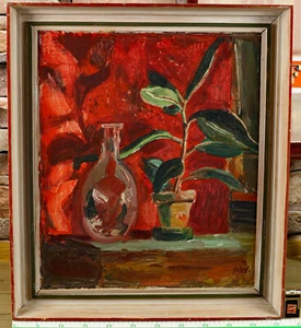 Zuschreibung Adolf Weber 1925-1996 Ölgemälde Stillleben Topfpflanze Gummibaum - Bild 1 von 8