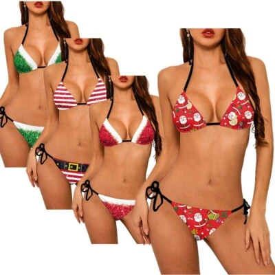 UK Women Sexy Christmas Print Bikini Sets Santa Claus Bra with Briefs Swimsuits - Image 1 of 4