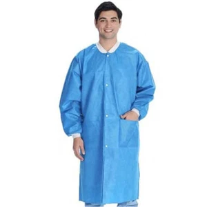 Pack of 10 Disposable Lab Coat Blue SMS with Pockets Adult Knitted Collar Cuffs - Picture 1 of 11
