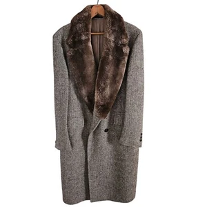 Bill Blass Men's Size 42 Reg Overcoat Herringbone Shearling Collar Rare Vintage - Picture 1 of 9