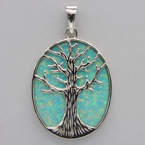 Green Oval FIRE OPAL Tree of Life Pendant - 925 STERLING SILVER Rhodium #49e - Picture 1 of 8