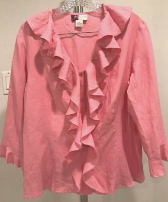 JM COLLECTION Women 8 Blouse Career Office Linen Pink Ruffles Fitted Button Down - Image 1 of 4