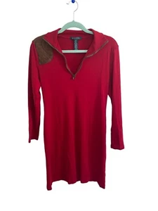 Lauren Ralph Lauren Red Long Sleeve Shirt Dress Medium Suede Patch - Picture 1 of 5
