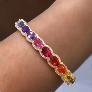 17ct Oval Cut Multicolor Rainbow Sapphire 14K Yellow Gold Plated Tennis Bracelet - Picture 1 of 10