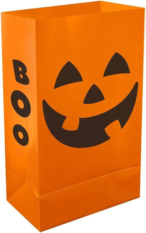 LumaBase 12ct Halloween Jack O' Lantern Plastic Luminaria Bags Orange