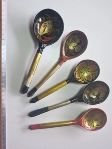 Cucharas rusas de madera pintadas a mano khokhlomo vintage - lote de 5 cucharas (4) - Imagen 1 de 2