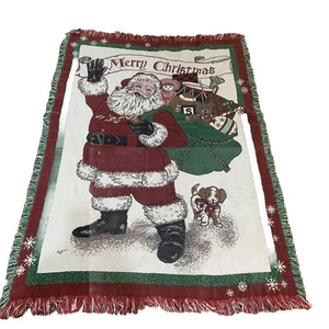 Vintage Chatham Frohe Weihnachten Weihnachtsmann Spielzeug Gobelin Trow Fransen Decke 44x66 - Bild 1 von 5