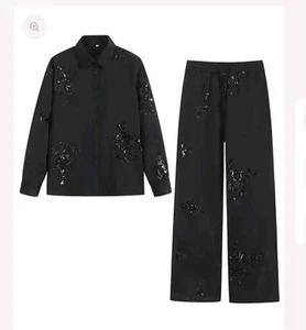 Zara Embroidered Sequin Black Blouse And Pants Set Nwt Size Med  - Picture 1 of 14