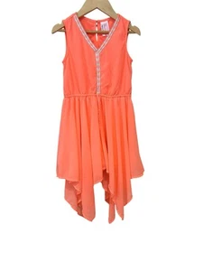 Japna Neon Twirl Dress Girls Size 8 Sleeveless Orange V-Neck Handkerchief Hem - Picture 1 of 5