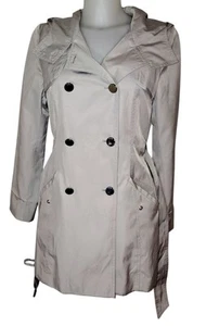 Y2k Guess Sz M Womens Gray Double Breasted Mob Wife Hooded Belted Trench Coat - Picture 1 of 6