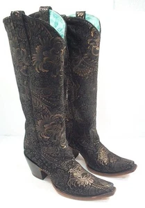 Corral Women's 9 M Black Gold Floral Tall Western Boots Snip Toe - Picture 1 of 7