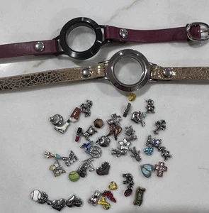 Lot Of 2 Origami Owl Leather Wrap Bracelets Silver Black Lockets Red Gold Charms - Picture 1 of 5